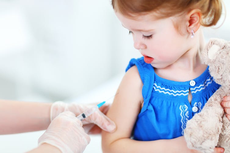 Child clutching teddy bear watching as health professional injects upper arm